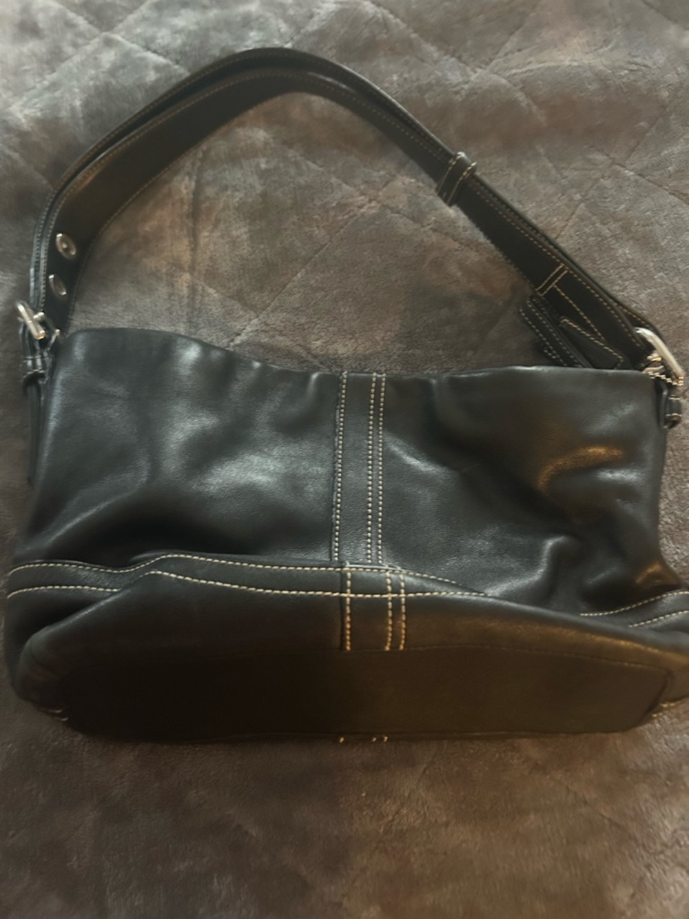Coach Black Leather Shoulder Bag with White Contrast Stitching